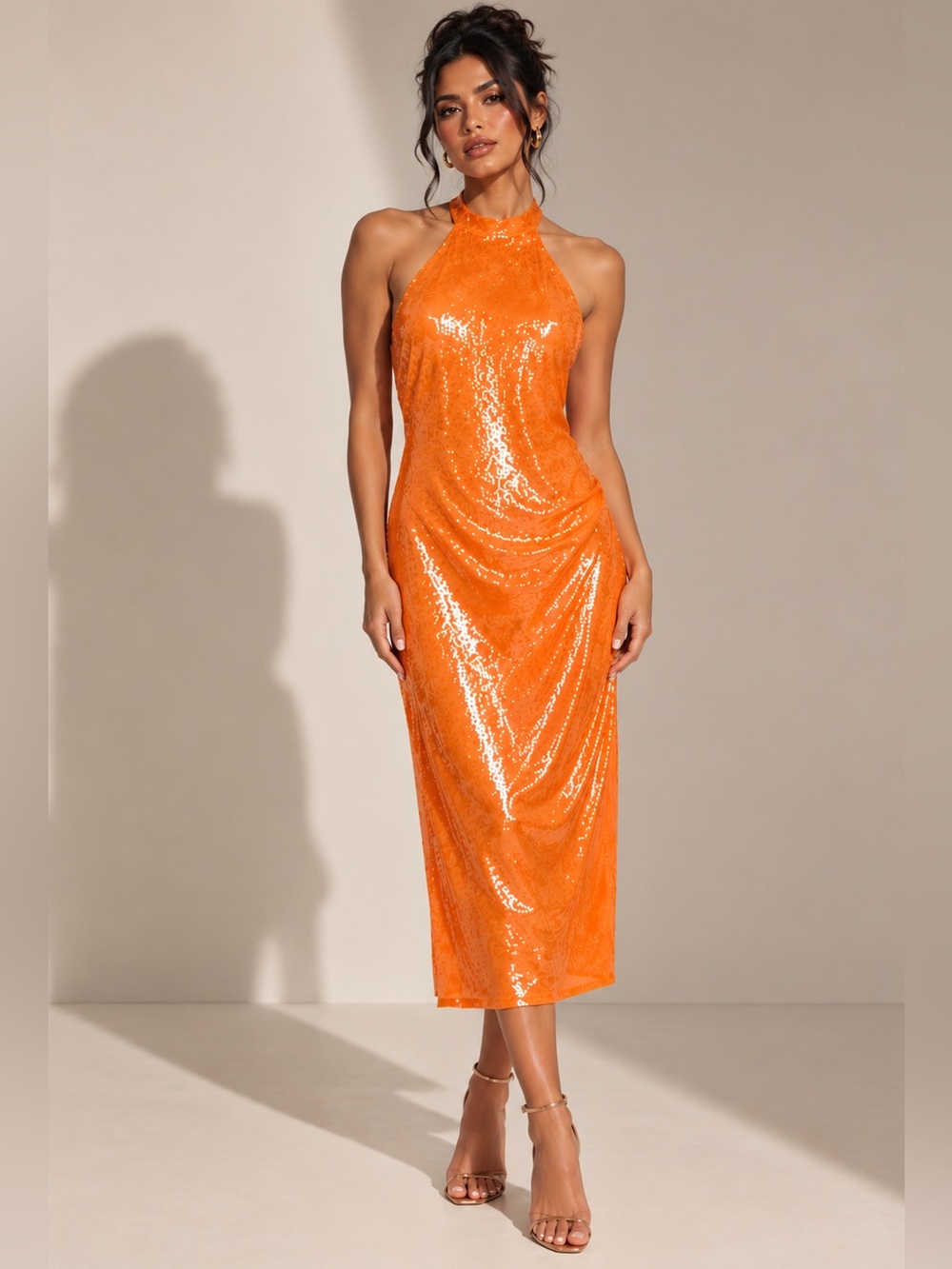Caroline Constas Orange Sequin Midi Dress Size M